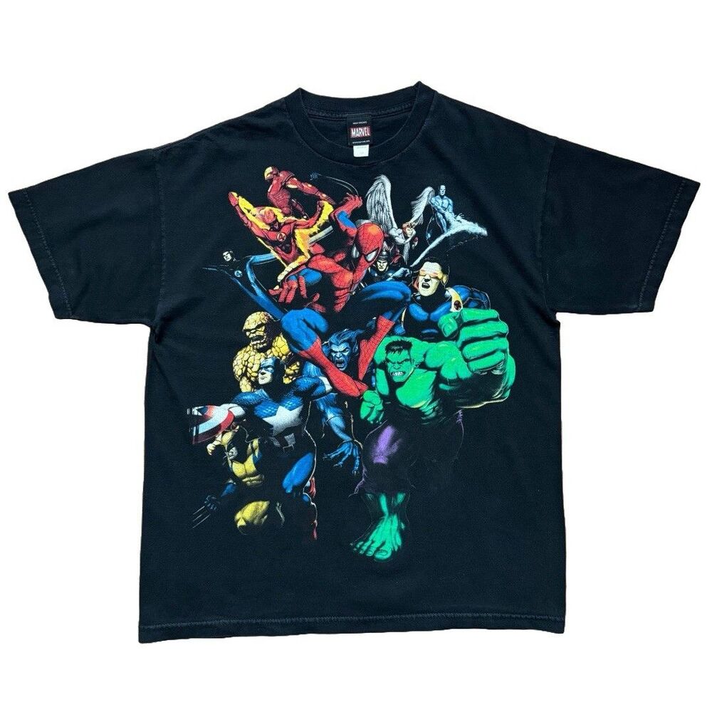 Vintage Mad Engine Marvel X-Men Avengers Hulk Spiderman TShirt Black Mens Large